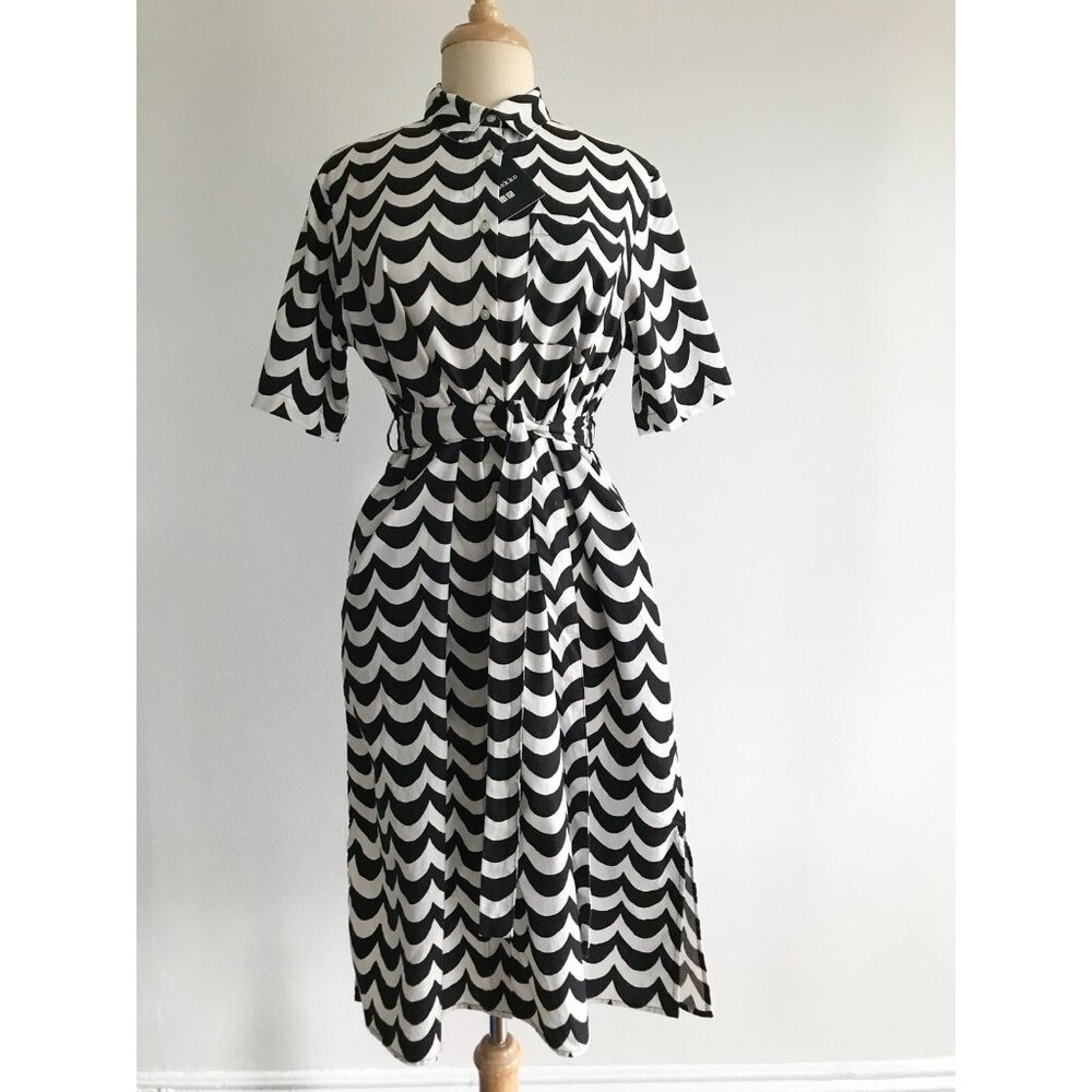 Uniqlo x Marimekko Linen Shirt Dress Lokki Wave Pattern Black & White